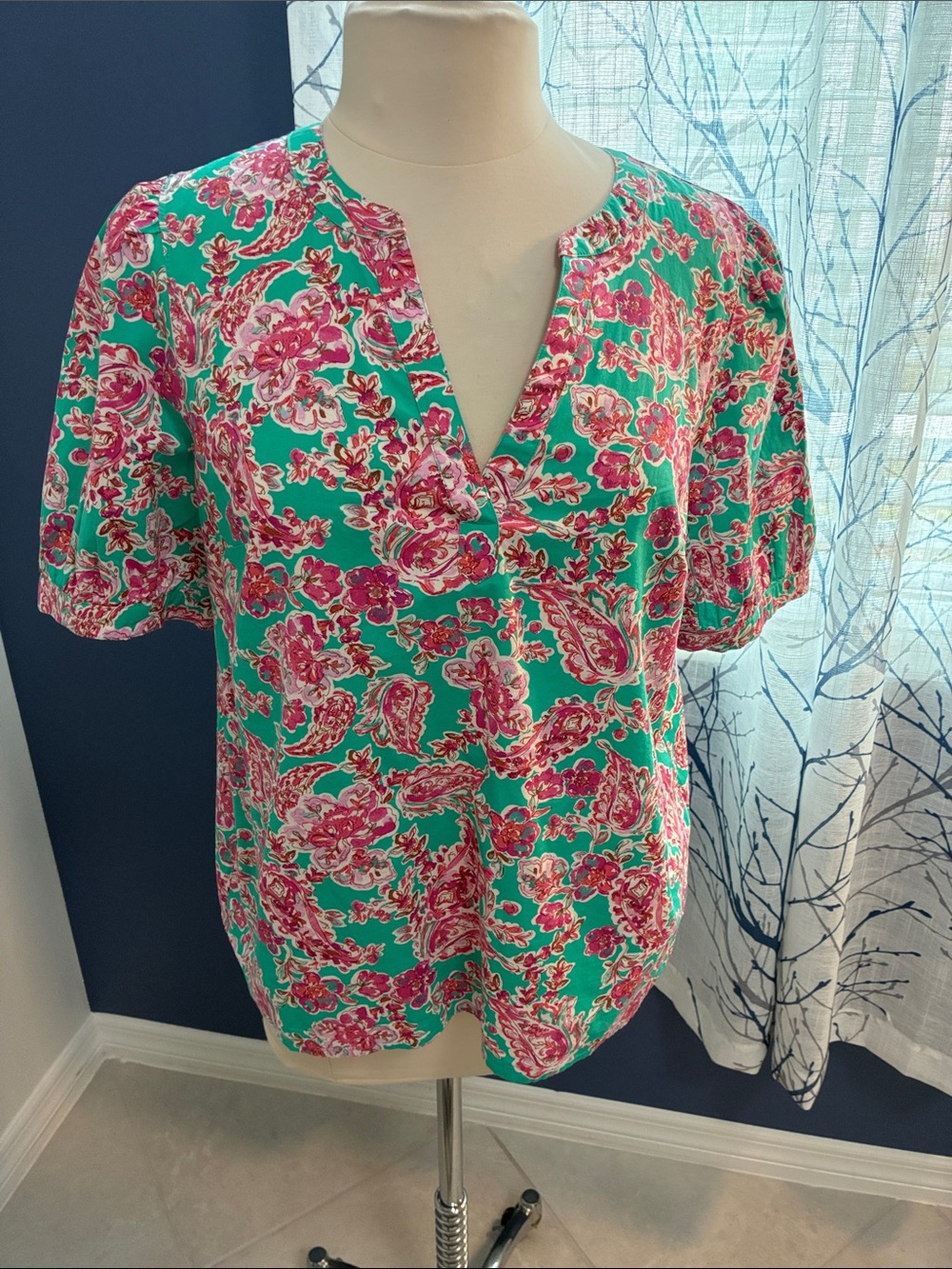 J. Crew Floral Split-Neck Short Sleeve Top in Green and Pink